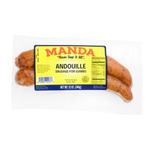 Manda Andouille Links 12oz, raw sausage links in a clear package with yellow and blue label.