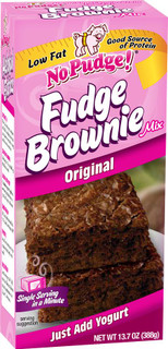 No Pudge Fat Original 13.7oz, box of low fat fudge brownie mix with an image of chocolate brownies and bright pink packaging.