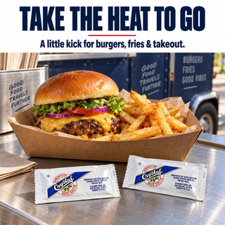 Crystal Hot Sauce 7 gram Packets 200 Ct., packets with the Crystal Hot Sauce logo and ingredients, placed in front of a burger with fries at a food truck.