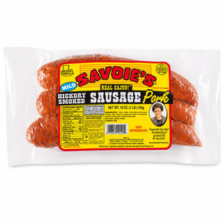 Savoie's Smoked Mild Pork Sausage 16oz, packaged smoked pork sausage with red and yellow label featuring a photo of a woman and nutritional information.