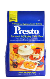 Presto Self Rising Cake Flour 2lb Bag, blue packaging with an image of cakes, cookies, and baked goods.