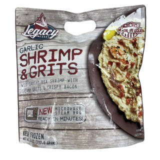 Legacy Foods Legacy Garlic Shrimp & Grits 26oz, product packaging with an image of shrimp and grits on a plate, highlighting the creamy texture and crispy bacon.