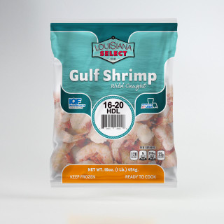 Louisiana Select 1lb BAG 16-20 Headless Shrimp, frozen Gulf shrimp in a bag with labeling indicating size and product details.