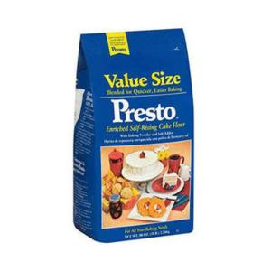 Presto Self Rising Cake Flour 5lb Bag, blue packaging with an image of baked goods and baking ingredients displayed on the label.
