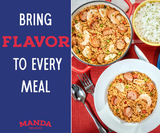 Manda Fine Meats Manda Mild Smoked Pork Sausage 24oz, served in a rice dish with shrimp and vegetables, placed on a white plate with a fork and spoon nearby.