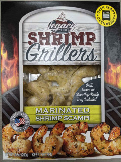 Legacy Foods Shrimp Grillers Shrimp Scampi, marinated shrimp with a picture of cooked shrimp at the bottom of the package.