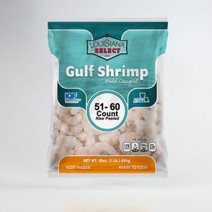Louisiana Select 51-60 PUD Shrimp 1lb, package of raw peeled Gulf shrimp with 51-60 count per pound.