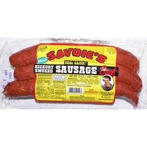 Savoies Smoked Mild Beef Sausage 16oz, package of three smoked beef sausages with yellow and red label.