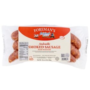 Foreman's Andouille 1lb, packaged in clear plastic wrapping with a white label displaying the product name and details.