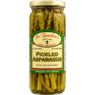 Gambino's Pickled Asparagus 16oz, glass jar filled with pickled green asparagus spears in brine with a gold lid and green label.