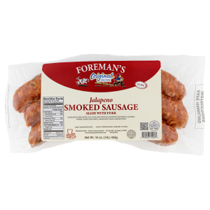 Foreman's Smoked Jalapeno Sausage 1lb, packaged pork sausage with jalapenos inside in a clear plastic wrap.