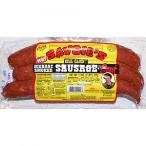 Savoies Smoked Hot Beef Sausage 16oz, packaged smoked beef sausage with a yellow and red label.