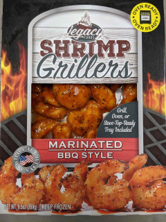 Legacy Foods Shrimp Grillers Marinated BBQ Style 9.5oz, oven-ready, marinated shrimp for grilling or baking on a tray.