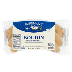 Foreman's Boudin 1lb, packaged pork and rice sausage in clear plastic packaging with label details.