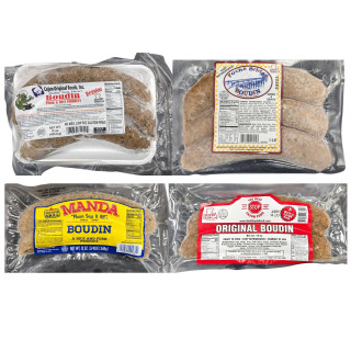 Creole Foods of Louisiana Boudin Sampler Kit, assortment of four different packaged boudin sausage products.