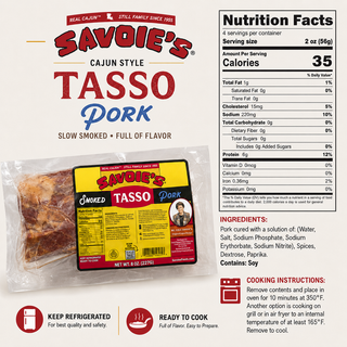 Savoies Pork Tasso 8oz, package of hickory smoked pork tasso in plastic wrapping with yellow and red label.