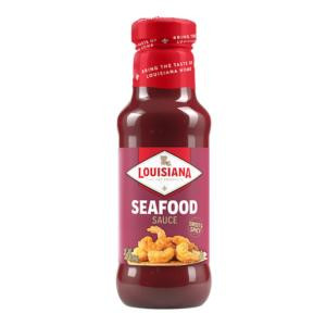 Louisiana Fish Fry Seafood Sauce 12oz, bottle of seafood dipping sauce with a red cap and label featuring fried seafood images.