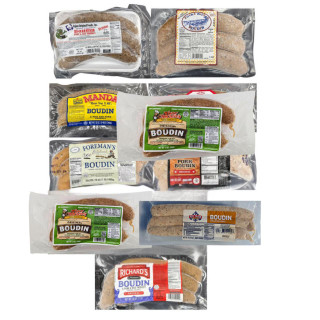 Ultimate Boudin Sampler Kit, collection of various packaged boudin sausage products from different brands displayed together.