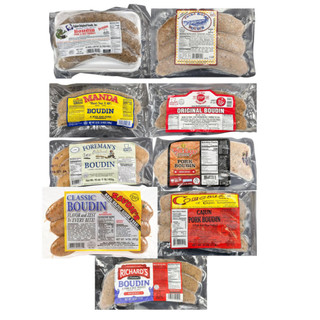 Ultimate Boudin Sampler Kit, collection of various packaged Cajun pork and rice boudin with different brand labels and flavors.