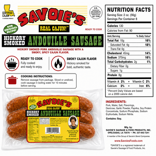 Savoie's Savoies Andouille 16oz, preserved smoked Cajun sausage in clear packaging with colorful label.