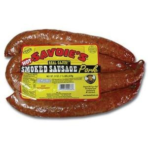 Savoies Smoked Hot Pork Sausage 24oz, package of smoked hot pork sausages with a yellow and red label displaying product information.
