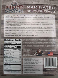 Shrimp Grillers Spicy Buffalo 9.5oz, packaged seafood with marinated shrimp in spicy buffalo flavor.