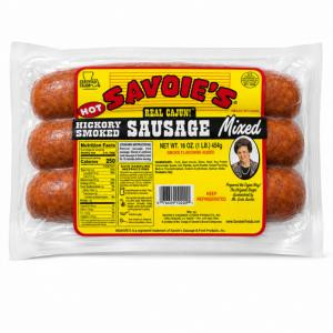 Savoies Smoked Hot Beef & Pork Sausage 16oz, package of variety smoked sausages with yellow and red label