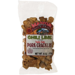 Manda Fine Meats Manda Cracklins Chili Lime 6oz, crispy fried pork cracklins with chili lime flavor in a clear plastic bag.