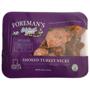 Foreman's Turkey Necks, 24oz package of smoked turkey necks in a styrofoam tray with a purple label.
