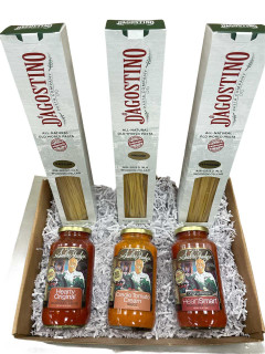Creole Foods of Louisiana Sal & Judy Pasta and Sauce Kit, featuring three boxes of pasta in different varieties and three jars of marinara sauce, arranged in a gift box with shredded paper.
