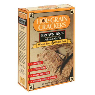 Conrad Rice Mill Hol Grain Rice Crackers Onion & Garlic 4.5oz, box of brown rice crackers with onion and garlic flavor, gluten free and wheat free, with health benefits highlighted on the packaging.