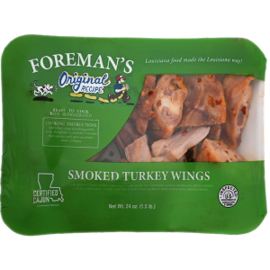 Foreman's Turkey Wings 24oz, smoked turkey wings in a plastic tray with a green label.