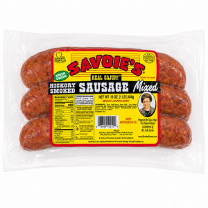 Savoies Smoked Mixed Green Onion Sausage 16oz, packaged sausages with a bright yellow and red label.