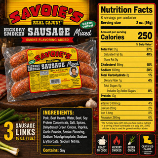 Savoie's Smoked Mixed Green Onion Sausage 16oz, packaged smoked sausage links with green onions on the label and nutritional facts on the side.