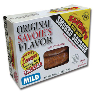 Savoie's Smoked Mild Mixed Sausage 64oz, a boxed package of smoked sausage with a transparent window showing the sausage inside.