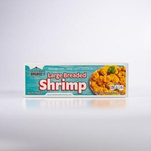 Louisiana Select Breaded Shrimp 2lb, product packaging featuring an image of breaded shrimp with a yellow side dish and green garnish on the box.