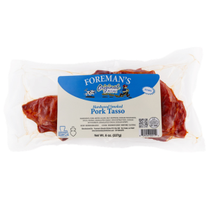Foreman's Pork Tasso, packaged smoked pork product in clear vacuum-sealed plastic with a blue and white label.