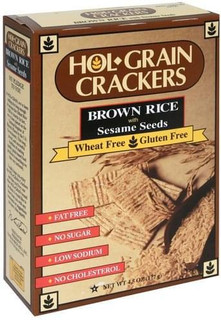 Conrad Rice Mill Hol Grain Rice Crackers with Sesame Seeds 4.5oz, image showing the packaging of brown rice crackers with sesame seeds, gluten-free, wheat-free, fat-free, no sugar, low sodium, and no cholesterol.