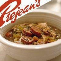 Prejean's Chicken and Sausage Gumbo 32oz, bowl of hearty gumbo with chicken, sausage, and vegetables in a white ceramic bowl