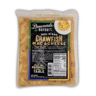 Broussard's Bayou Broussards Bayou Company Crawfish Mac & Cheese 24oz, packaged frozen crawfish mac and cheese with a black and green label featuring cooking instructions and nutritional information.