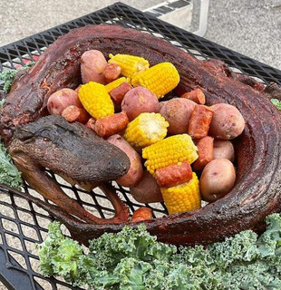Creole Foods of Louisiana Whole Skinned Alligator 2XL - 26+ lbs, cooked alligator head and body parts garnished with corn on the cob, potatoes, and vegetables on a grill.