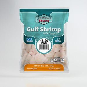 Louisiana Select 1lb BAG 16-20 Peeled & Deveined Shrimp, packaged in a teal and white plastic bag with product details and a net weight of 1 pound.
