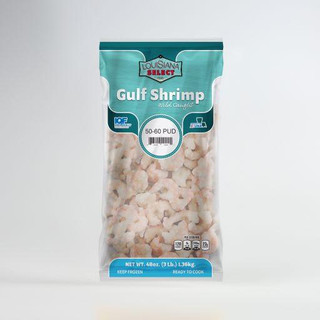 Louisiana Select 3lb BAG 50-60 PUD Shrimp, frozen shrimp in a clear plastic bag with blue and green branding, suitable for seafood dishes.