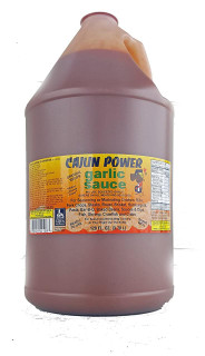 Cajun Power Garlic Sauce 128oz, large bottle of seasoned garlic sauce for meats and seafood with yellow label and cartoon dog mascot.