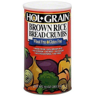 Conrad Rice Mill Hol Grain Brown Rice Bread Crumbs, 8oz, gluten-free, wheat-free, no sodium, no MSG, no sugar, no cholesterol, fat-free, in a cylindrical container with colorful vegetable illustrations.