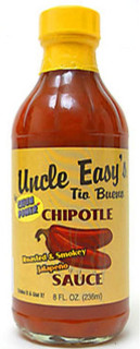 Cajun Power Uncle Easy's Chipotle Sauce 8oz, bottle of roasted and smoky chipotle pepper sauce with yellow cap and vibrant label.