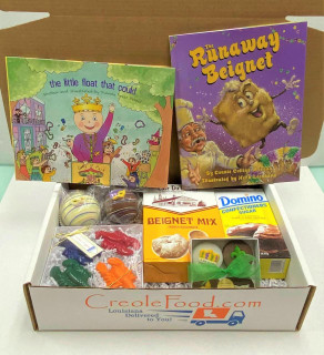 Mardi Gras Mambo Kids Box, colorful assortment of children's books, cookies, beignet mix, and treats for Mardi Gras celebration.