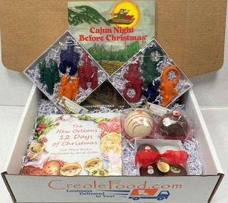 Creole Foods of Louisiana Kids Christmas on the Bayou Gift Box, a festive holiday gift set with Christmas-themed treats, cookies, and ornaments for kids.