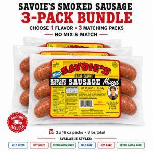 Savoie's Smoked Sausage 3 Pack Bundle - Shipping Included, with three packs of smoked sausages in clear packaging and a yellow label, featuring flavor options and product details.
