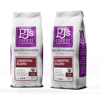 PJ's Coffee PJ's Carnival Blend 12oz, image of two bags of coffee with purple and white packaging, labeled as small batch roasted, medium roast, ground coffee.